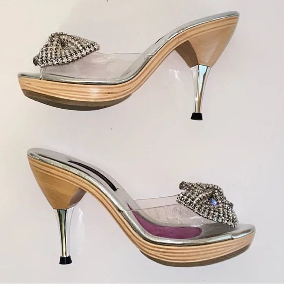 Vintage Betsey Johnson Polly Mules Rhinestone Bow Wood Heel Pin Up - Picture 7 of 14